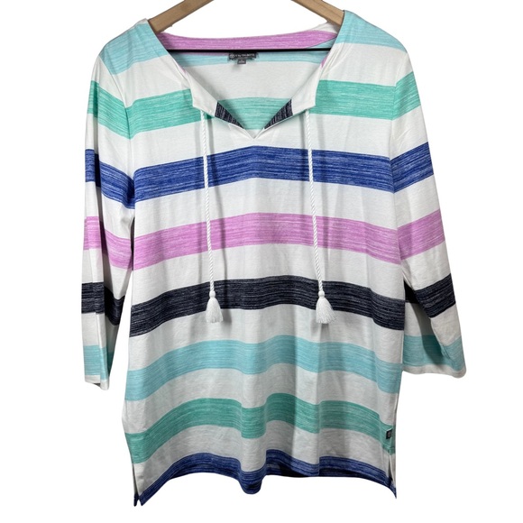 T by Talbots Large Brush Stripe Tassel Split Neck Pullover 3/4 Sleeves Beach - Picture 2 of 11